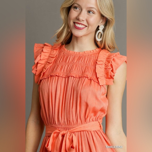 NEW! UMGEE Smocked Round Neck Flutter Sleeve Tiered Dress in Tangerine 🍊 - Picture 2 of 5